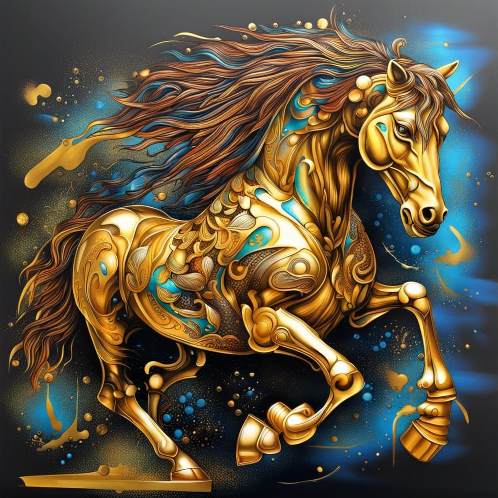 Futuristic Golden Horse in Motion, Hyperrealistic Graffiti A...