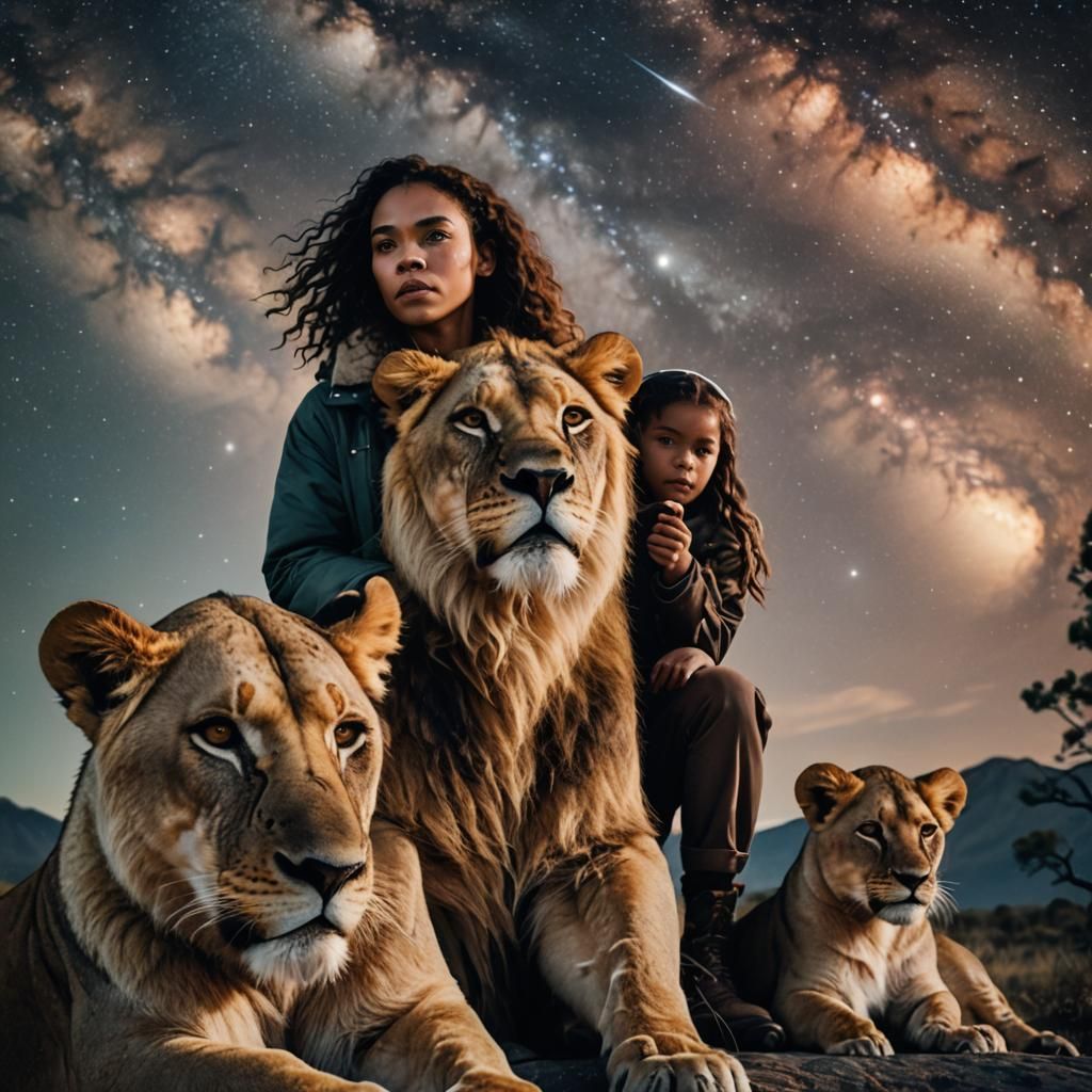 Majestic Woman with Lions Under Northern Lights