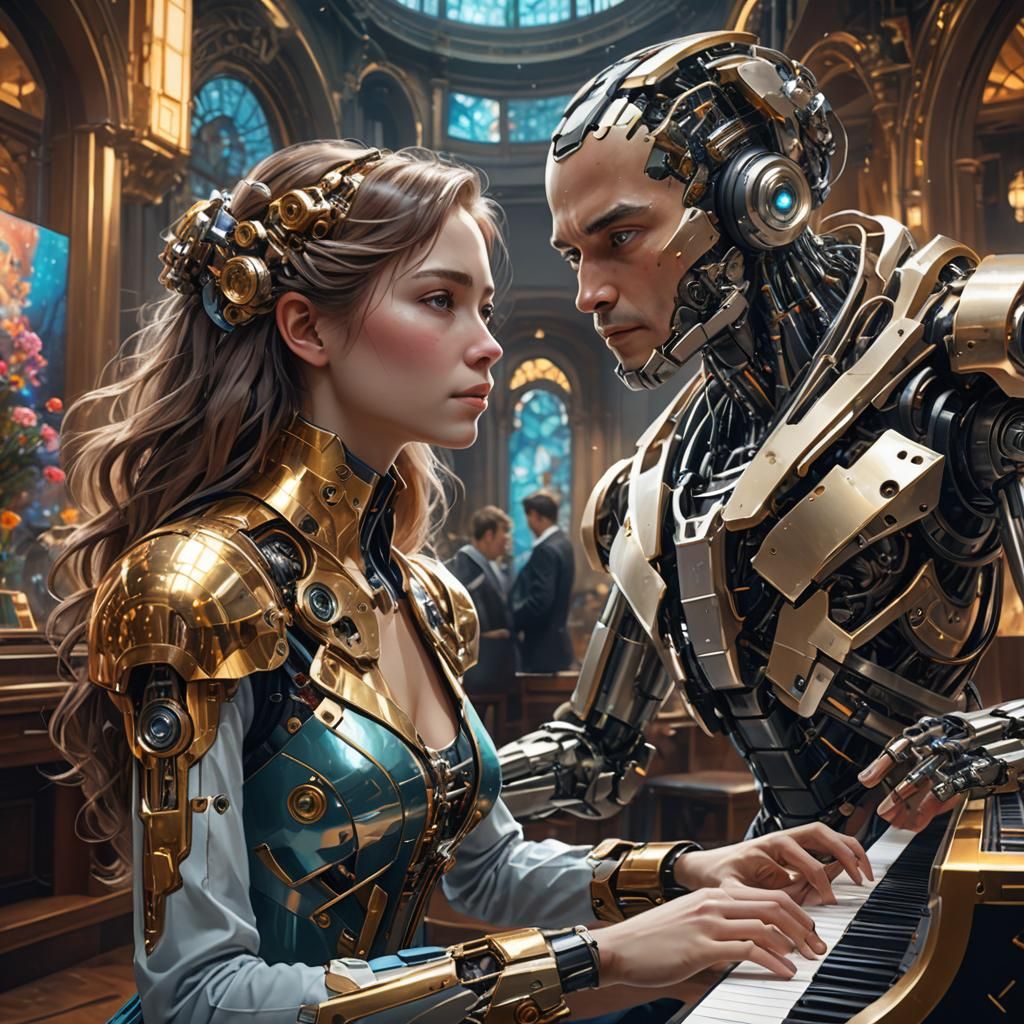 Pianist and Robot Duet: Hyperdetailed Concept Art