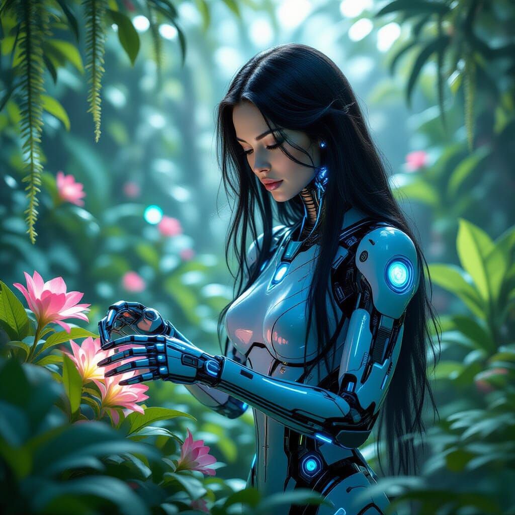 Cyborg Gardener in Bioluminescent Garden: Digital Art