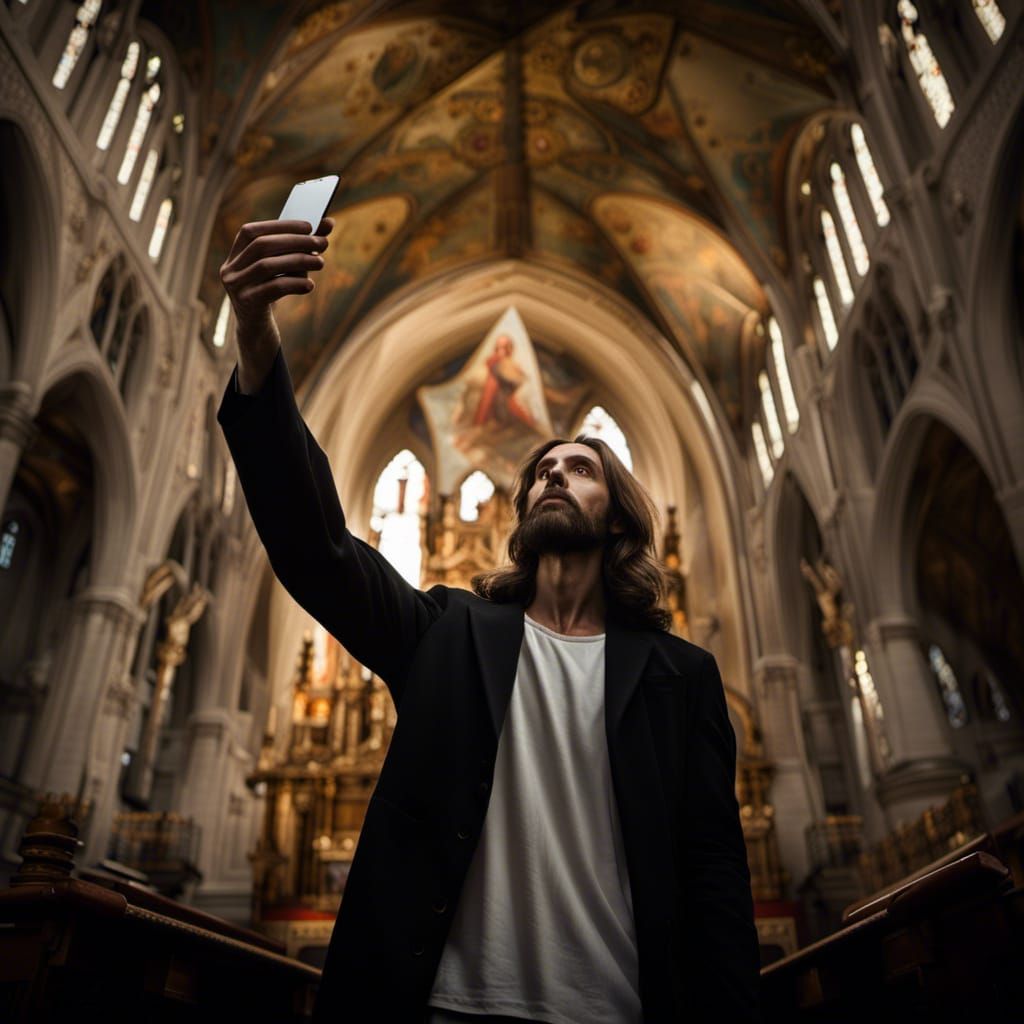 Jesus taking a self in a Gothic church