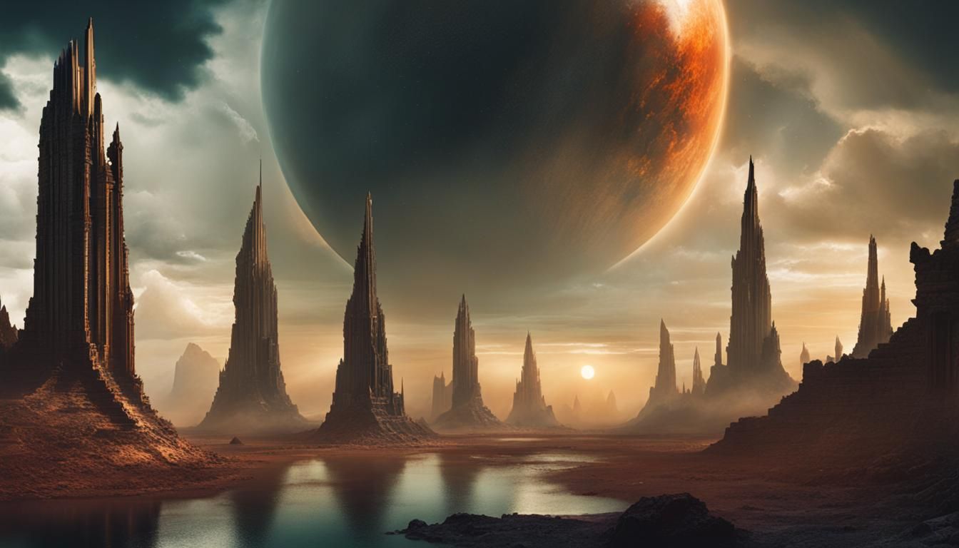 Eerie Alien Ruins Under Storm Clouds in Watercolor