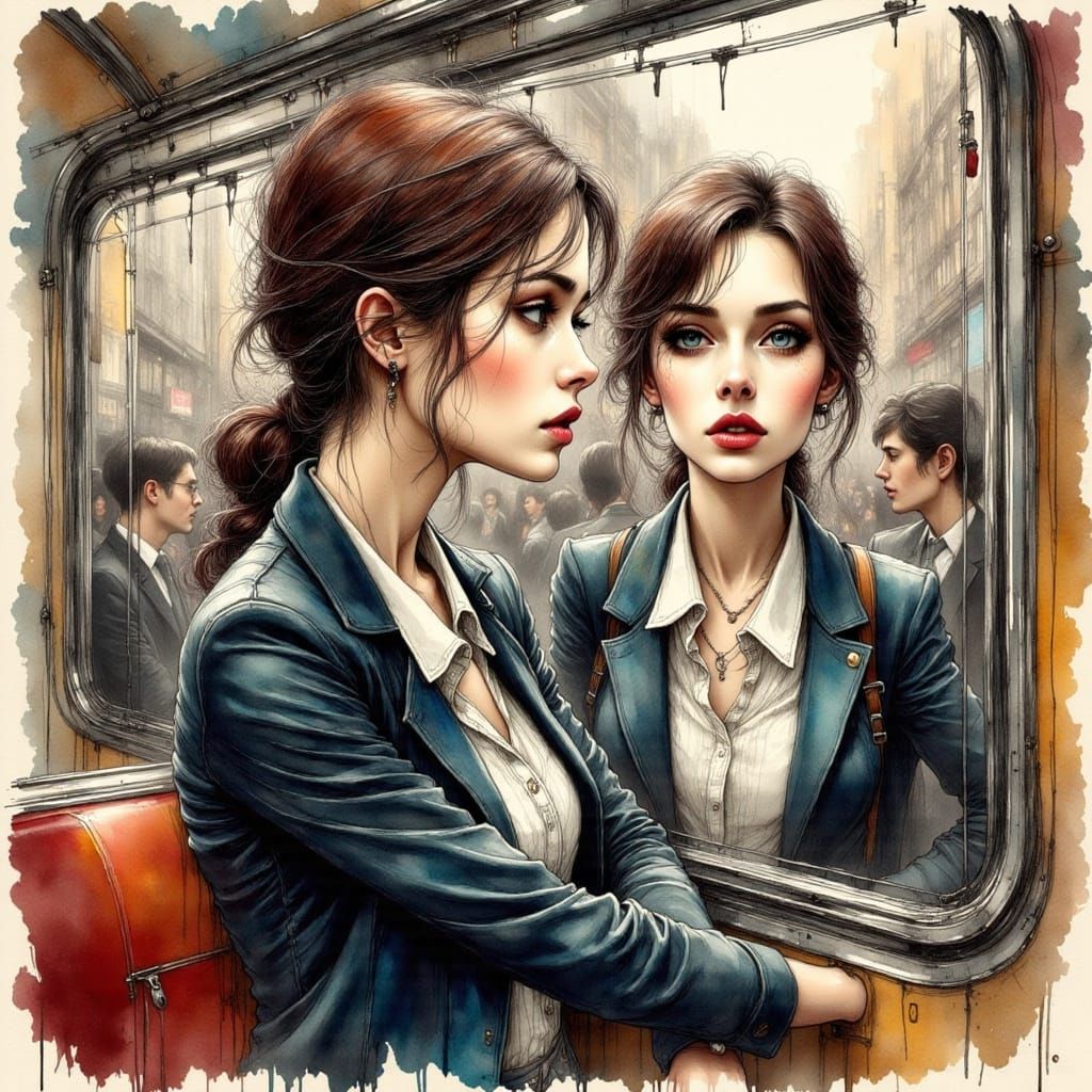 Young Woman in Subway Reflection, Ink Drawing Style