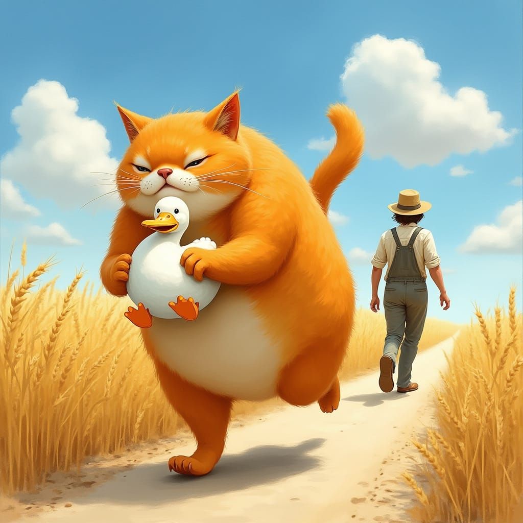 Majestic Orange Cat Chases Duck Down Sunny Country Road