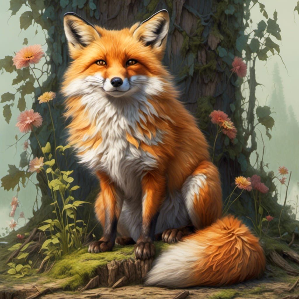 Hyperrealistic Fox on Stump Illustration