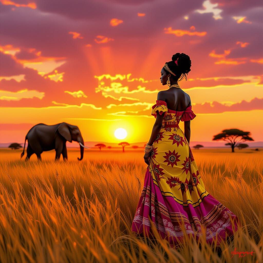 African Goddess at Sunset in Fauvist Style