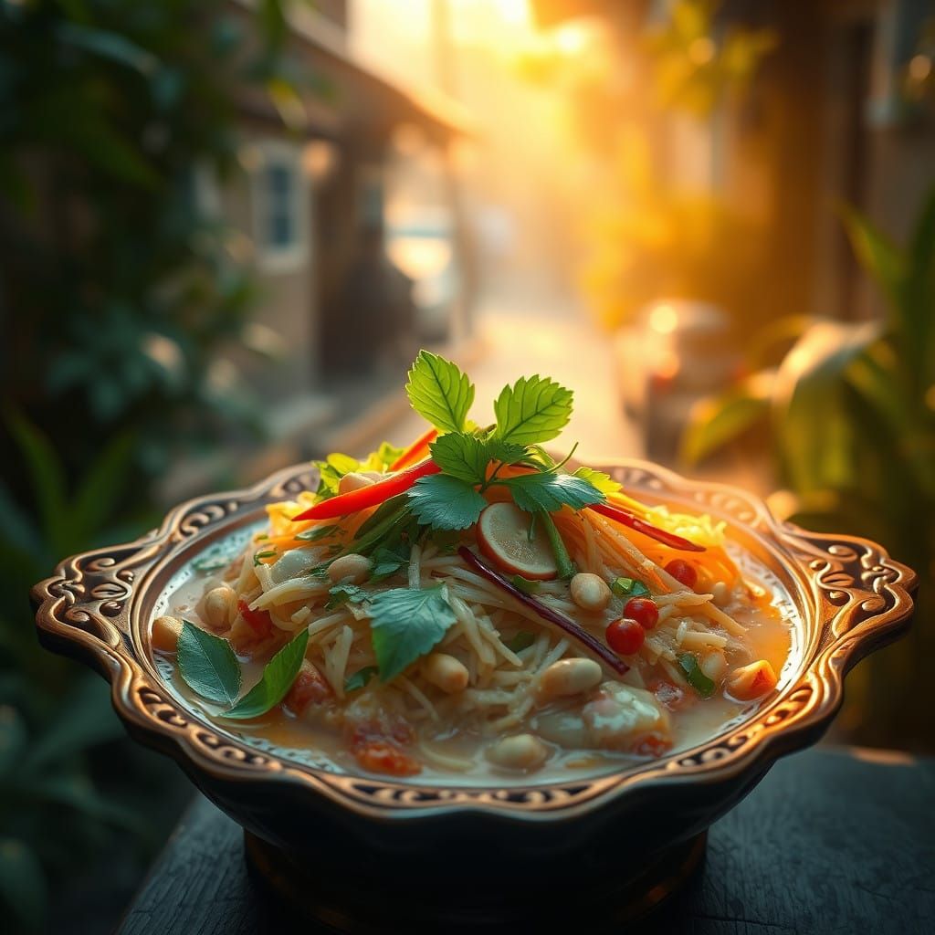 Surreal Thai Papaya Salad in an Ornate Wooden Bowl