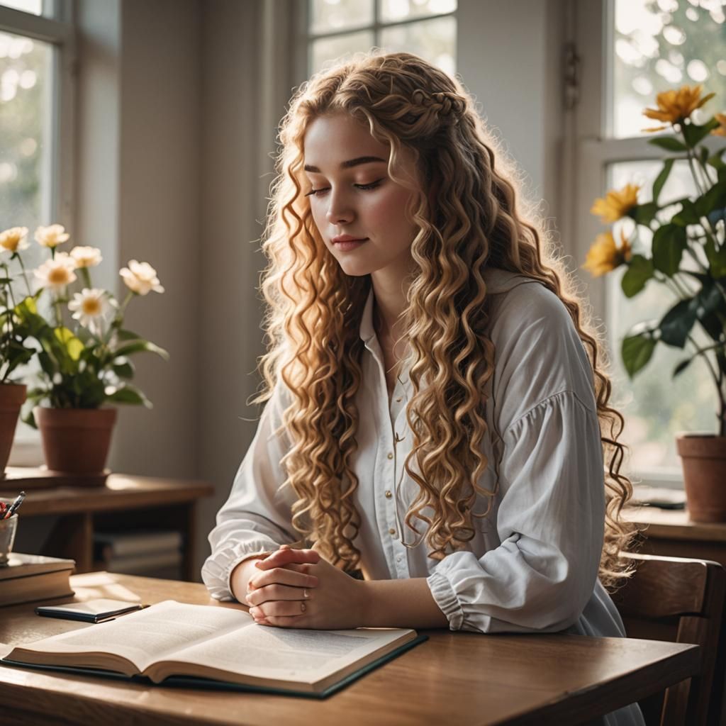 Teenage Girl Praying with Golden Hair