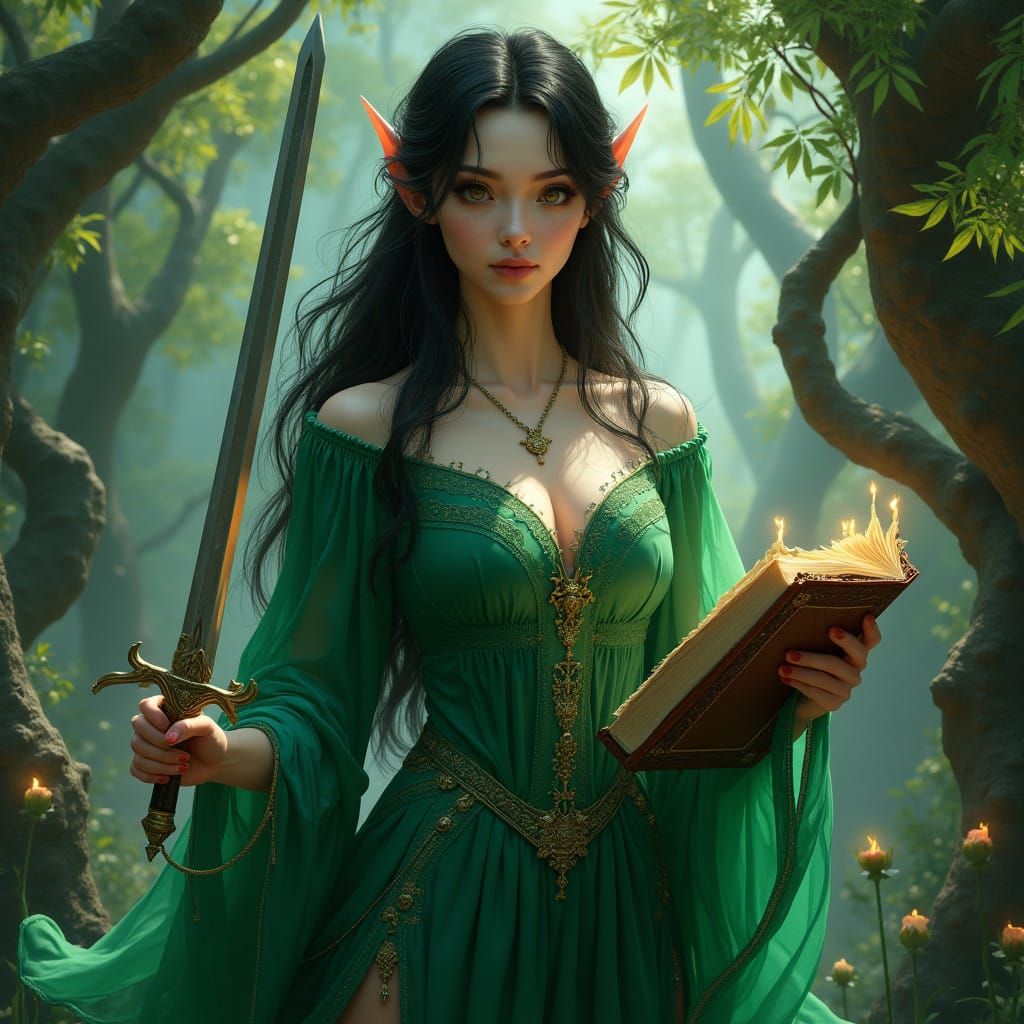 Ethereal Elf Woman With Sword and Book in Ancient Forest