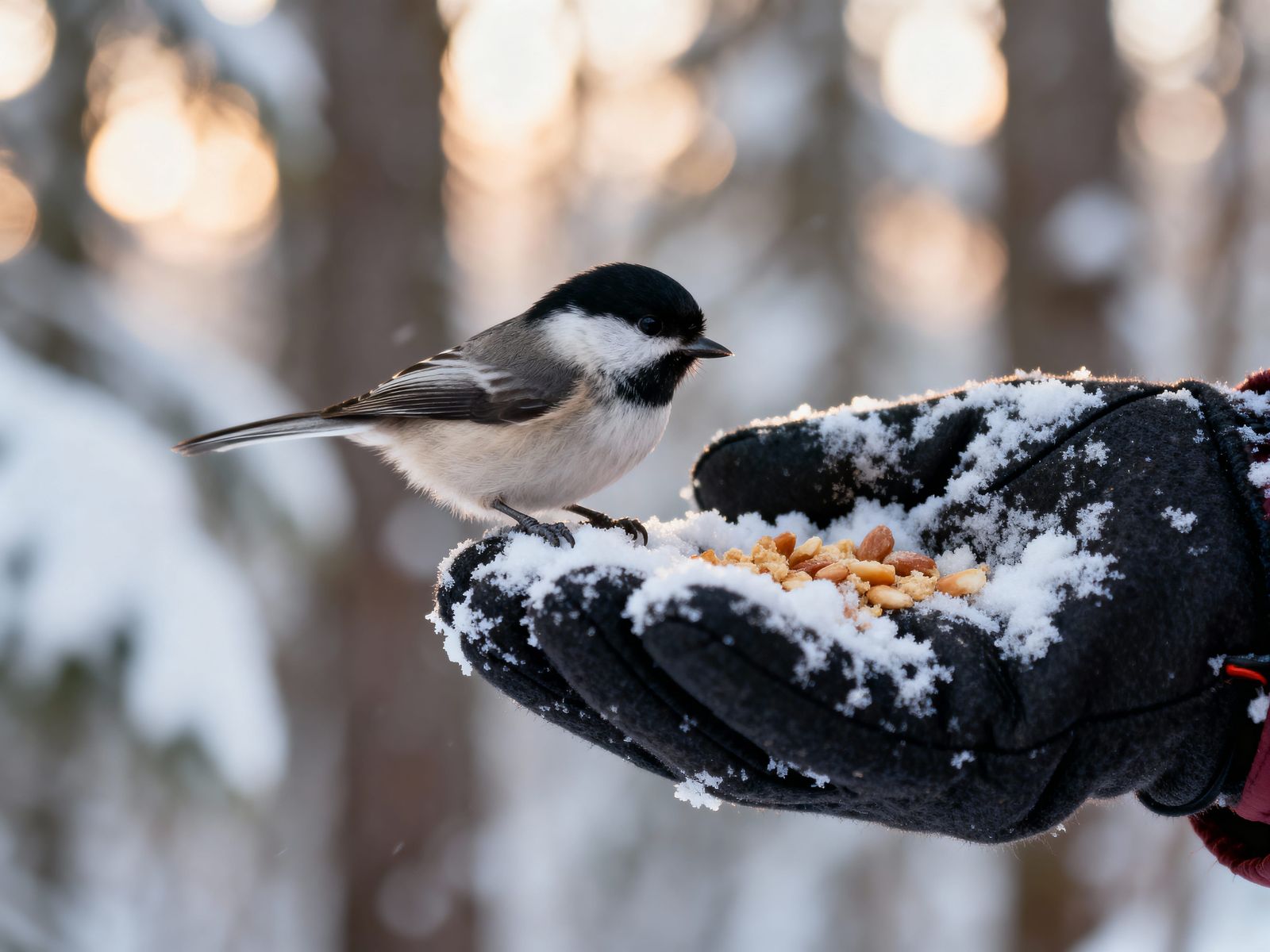 Chickadee Perches on Mittened Hand in Snowy Forest