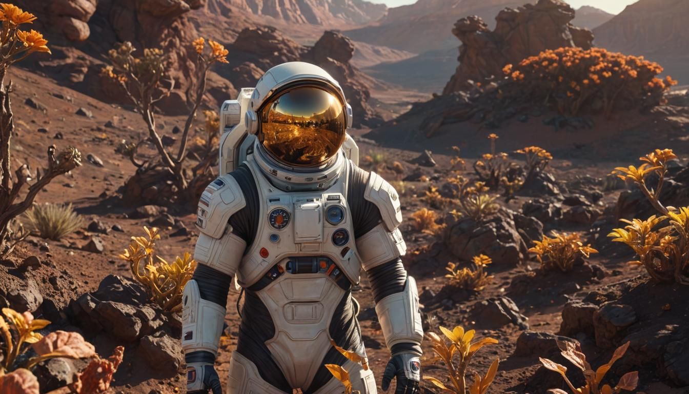 Astronaut Harvests Alien Plants: Hyperrealistic Digital Art