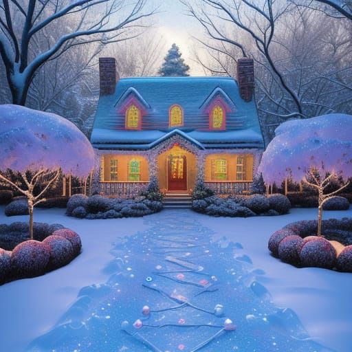 A fantastically detailed gingerbread house in a snowy winter...
