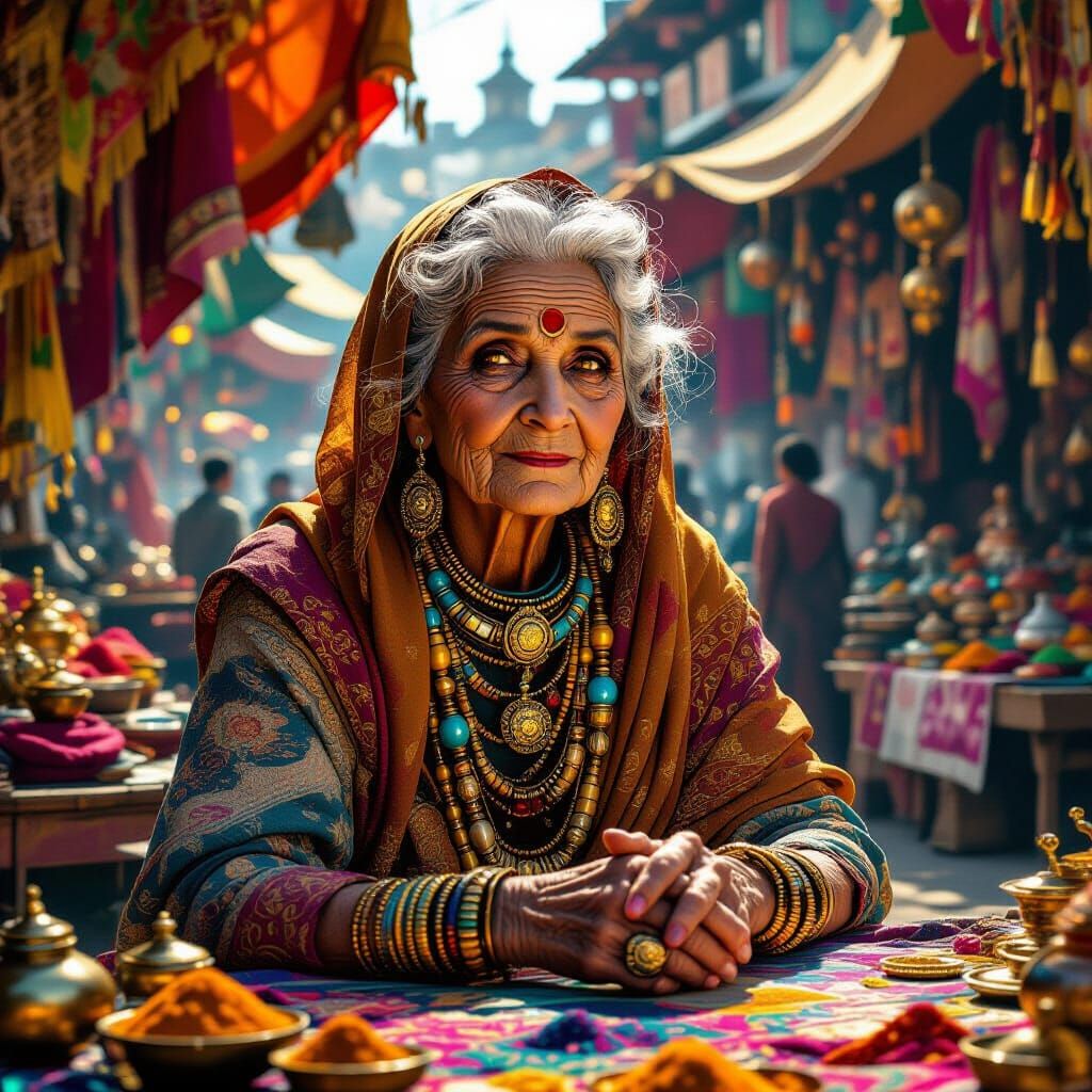 Old Woman Bargains for Dream in Futuristic Marketplace