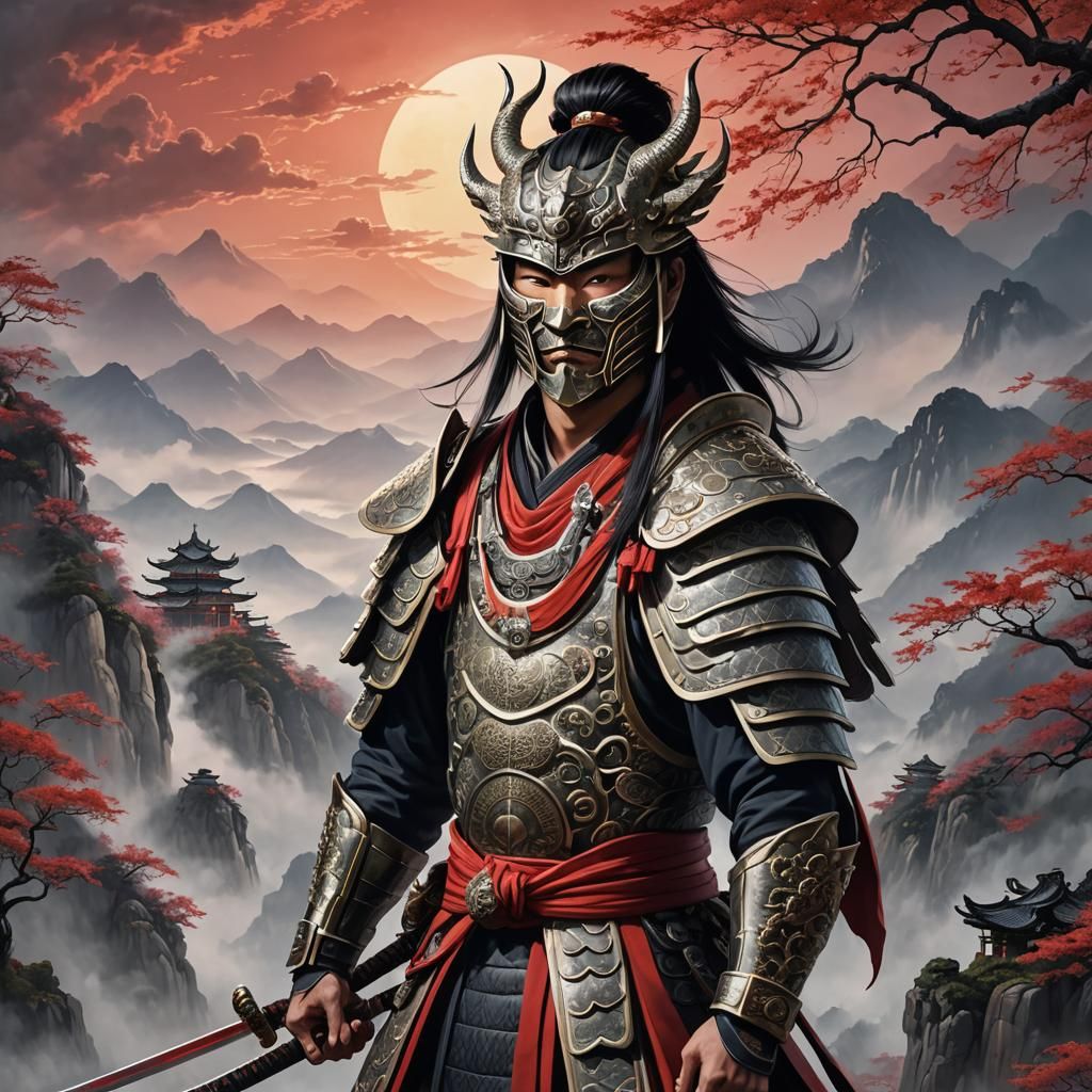 Feudal Chinese Samurai with Oni Mask in Mystical Setting