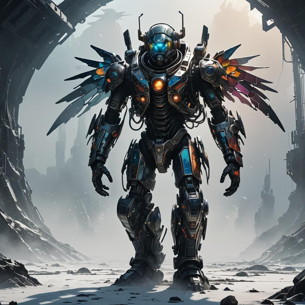 Biomechanical Astronaut with Stained Glass Wings Concept Art