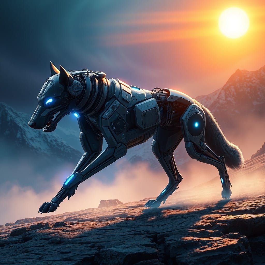 Cyber Dog Conquers Majestic Mountain Landscape