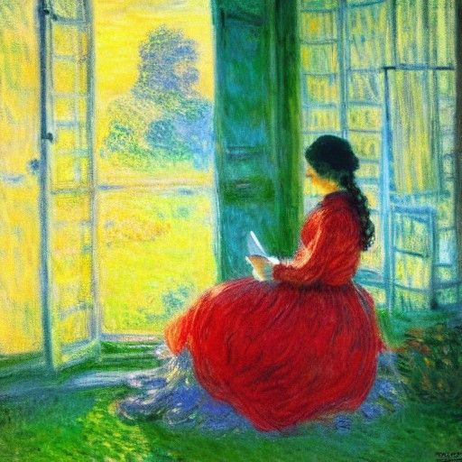 Impressionist Woman Reading by Window at Sunset