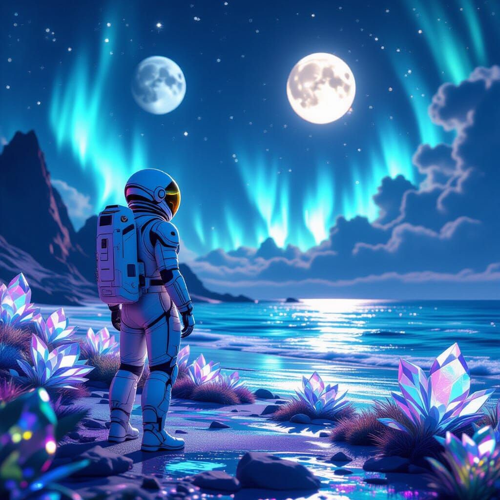 Astronaut on Alien Shore with Two Moons