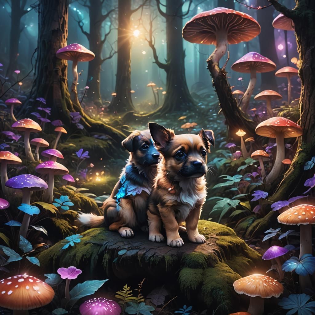 Puppy in Dark Fantasy Forest with Glowing Mushrooms