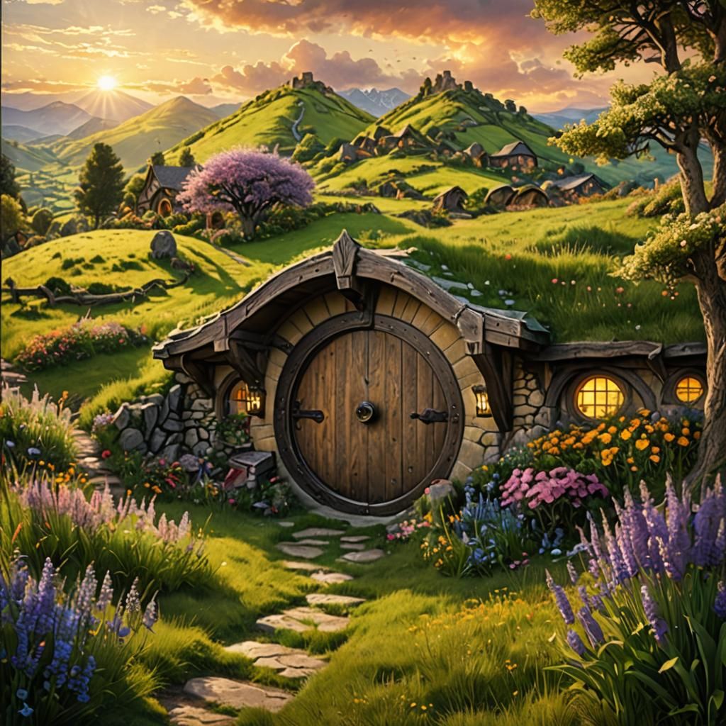 Idyllic Hobbit Hole at Sunset, Digital Art