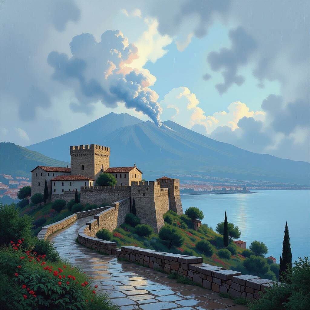 Byzantine Fortress near Siracusa with Mount Etna