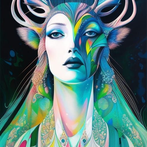 Beautiful Deer Portrait in Marbling Oil Gouache Style