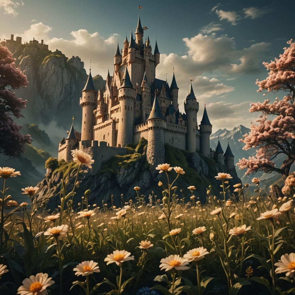 Fantasy Castle Floating Above Delicate Flower