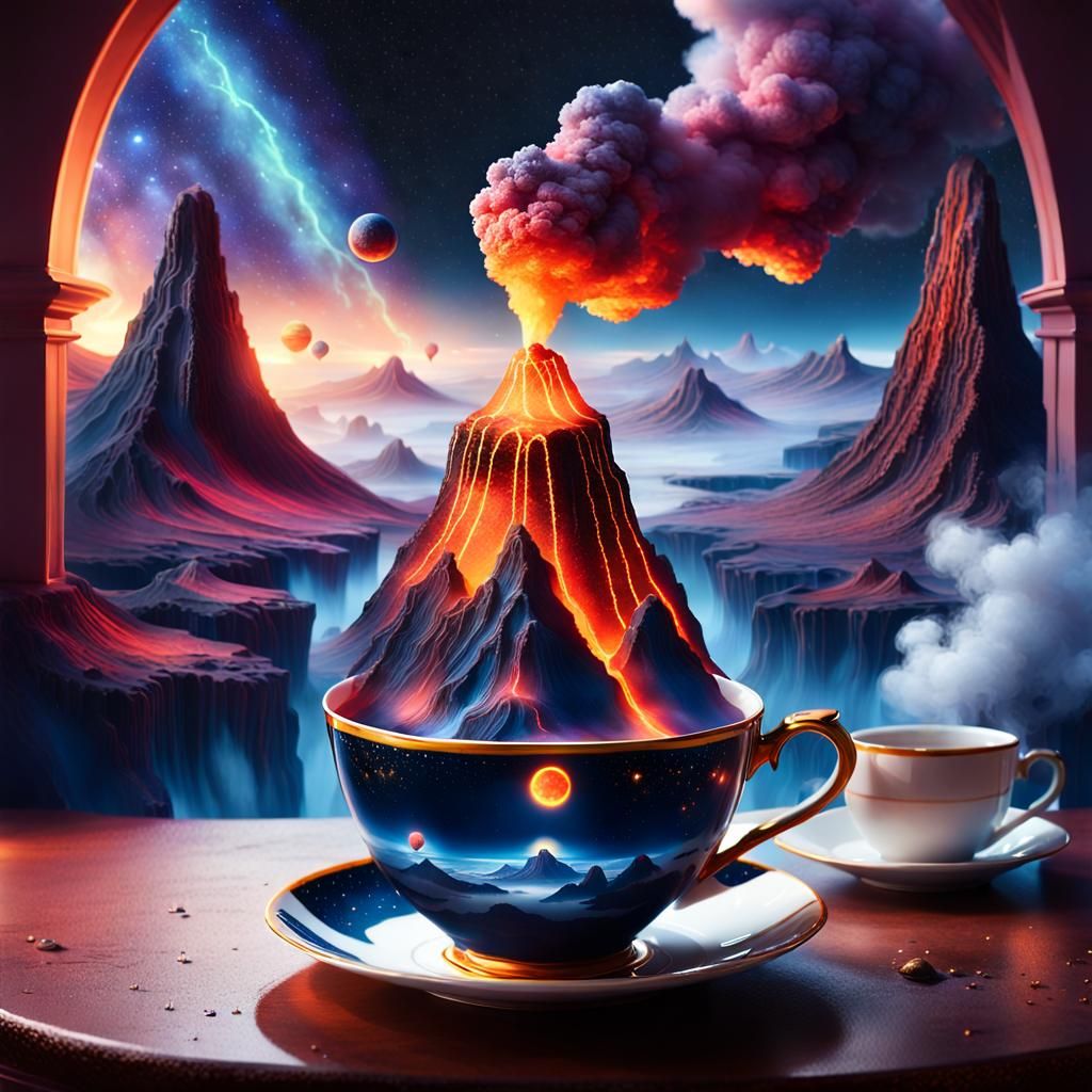 Magical Miniature Volcano in Teacup: Digital Art