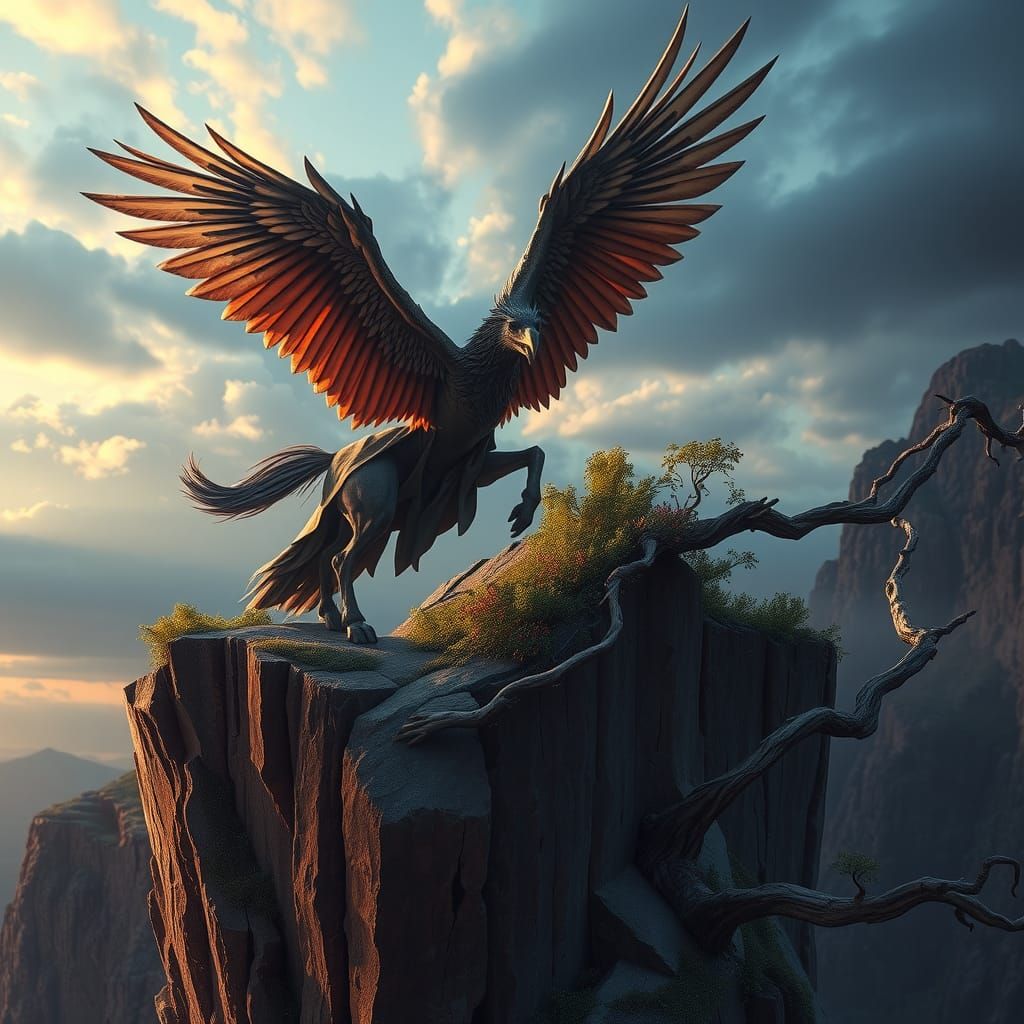 Winged Equine Figure Struggles to Fly at Sunset