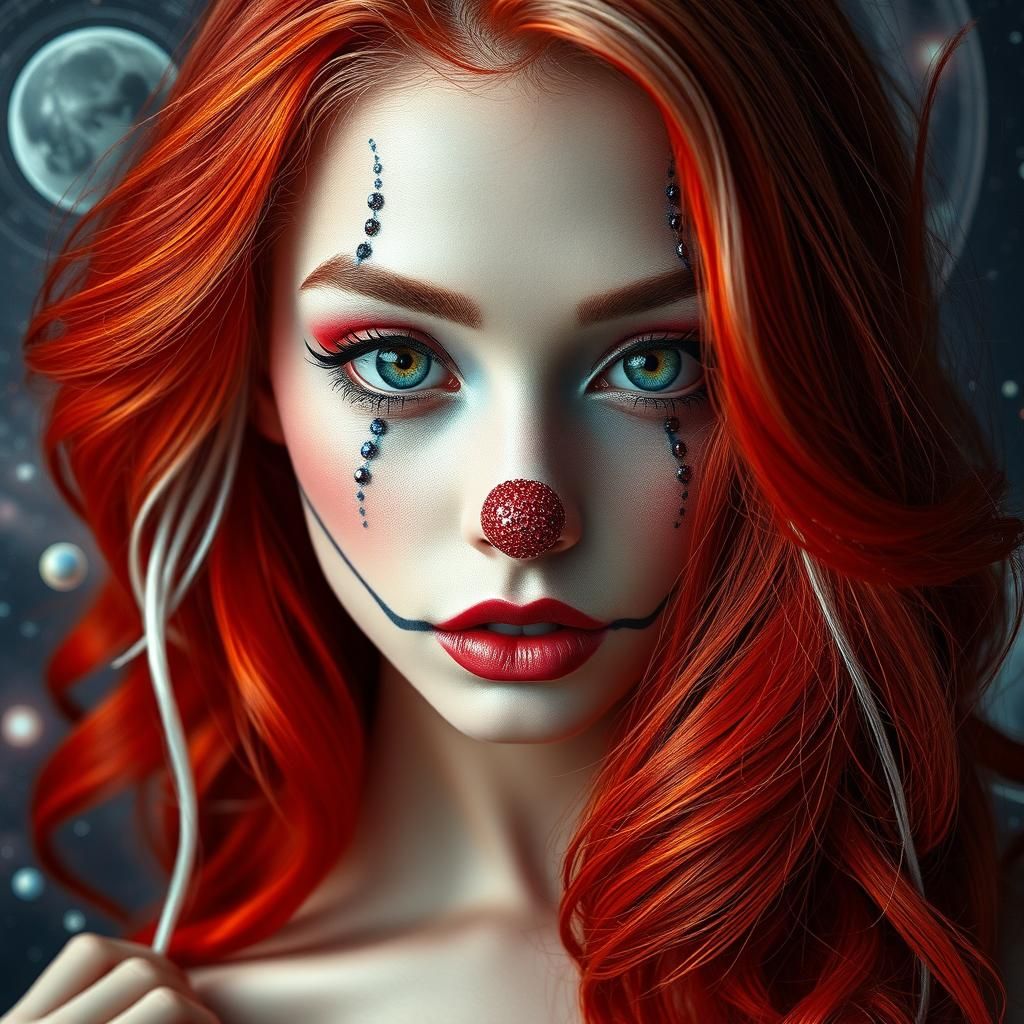 Cosmic Clown Girl Portrait in Hyperrealistic Style