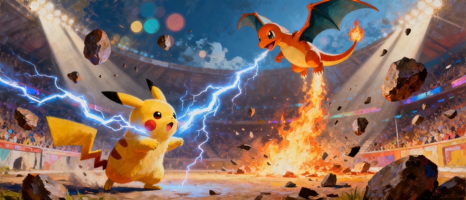 Realistic Pikachu and Charizard Battle in Dynamic Arena