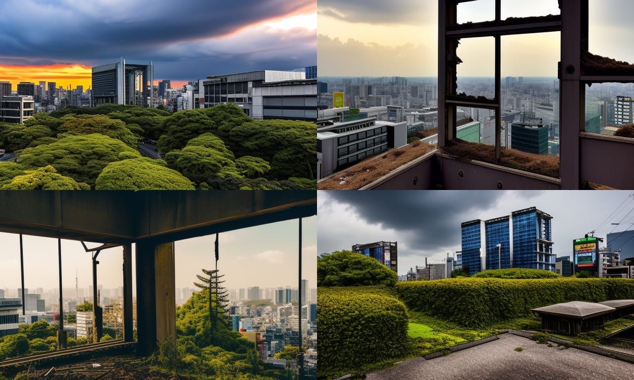 Post-Apocalyptic Shibuya Tokyo Ruins at Sunset
