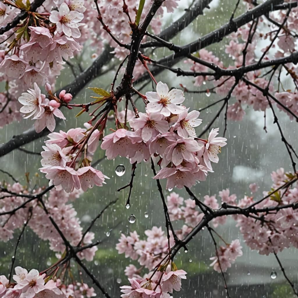 Close-Up of Cherry Blossom Tree in Rain