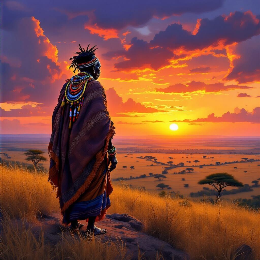 African Elder on Mesa at Fiery Sunset Digital Painting