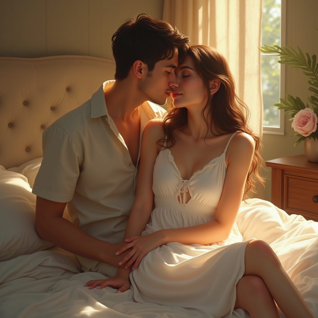 Intimate Couple Embrace in Golden Light, Digital Painting