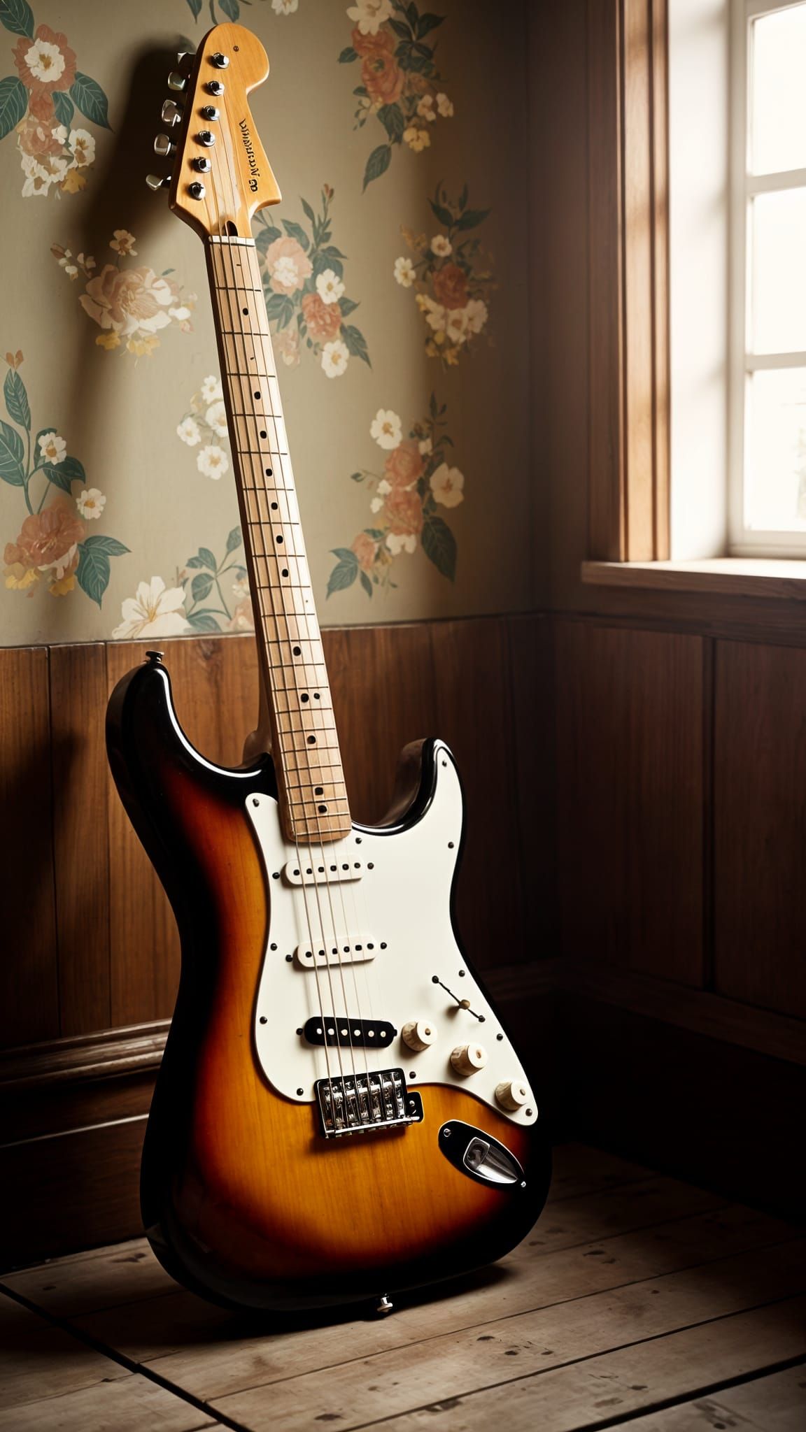 Vintage Sunburst Stratocaster Leaning on Wooden Wall