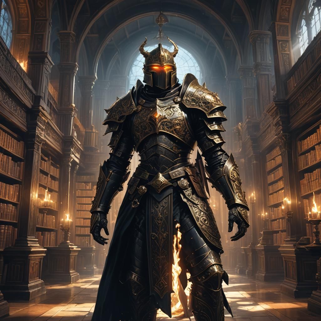 Gothic Knight in Mystical Library by Alphonse Mucha