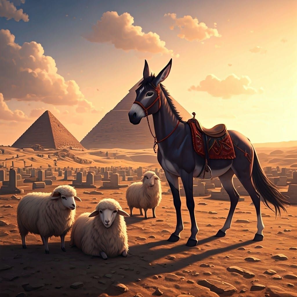 Ancient Pyramids Among Equine Tombs in a Vibrant Anime Style