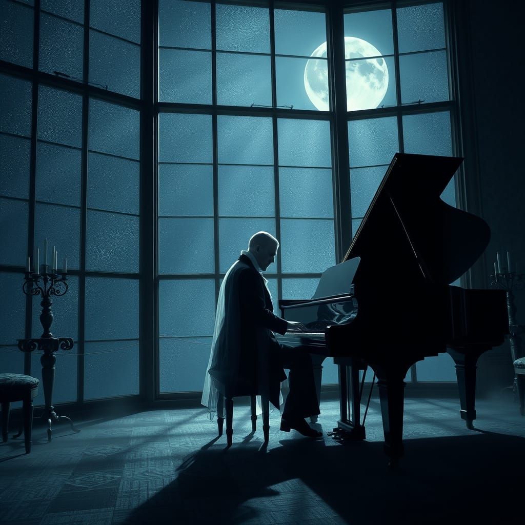 Ghostly Pianist Plays in Moonlit Music Room