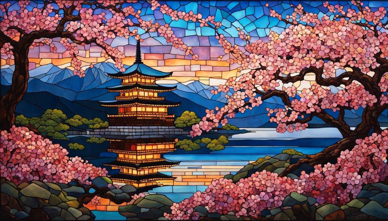 Luminescent Sakura Tree Mosaic Inspired by Tiffany
