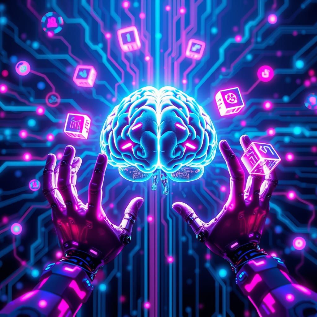 Futuristic Brain Connected to Holographic Circuits