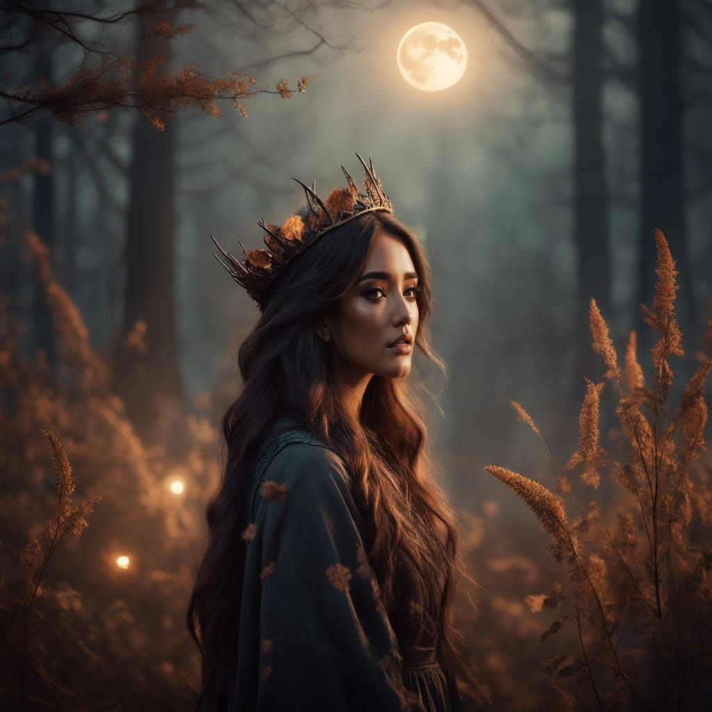 At the edge of the forest, where light meets shadow, she stands with a crown of dried wildfl...