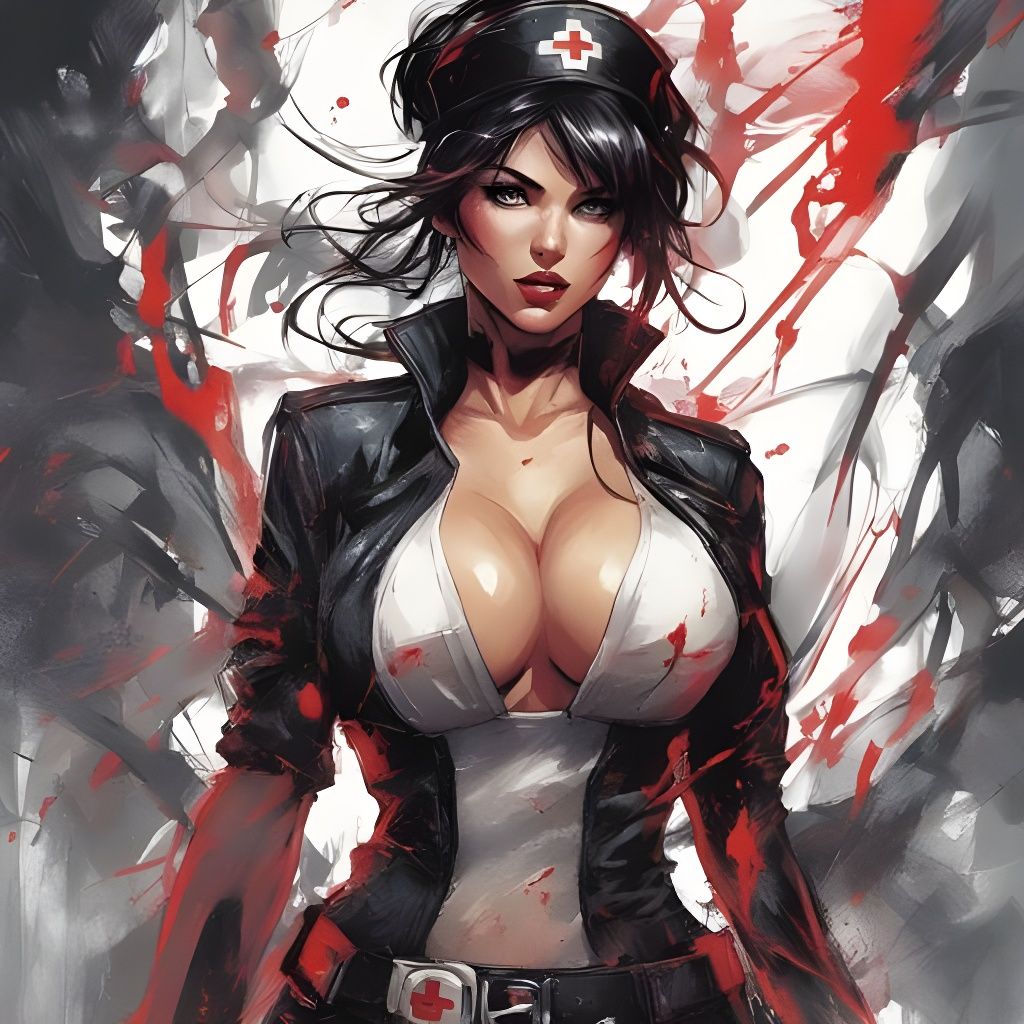 Beautiful Dark-Haired Nurse Portrait in Splash Art Style