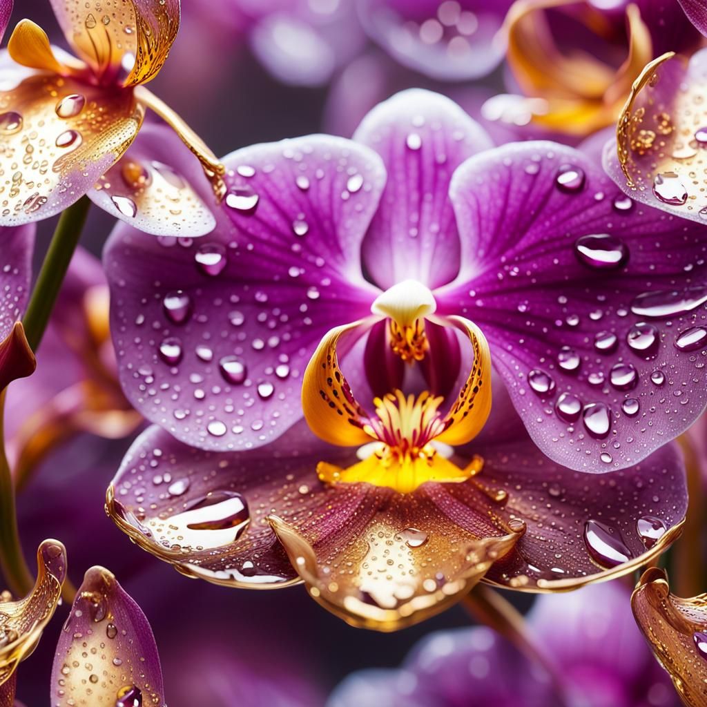 Glowing Orchid with Dewdrops Macro Photograph