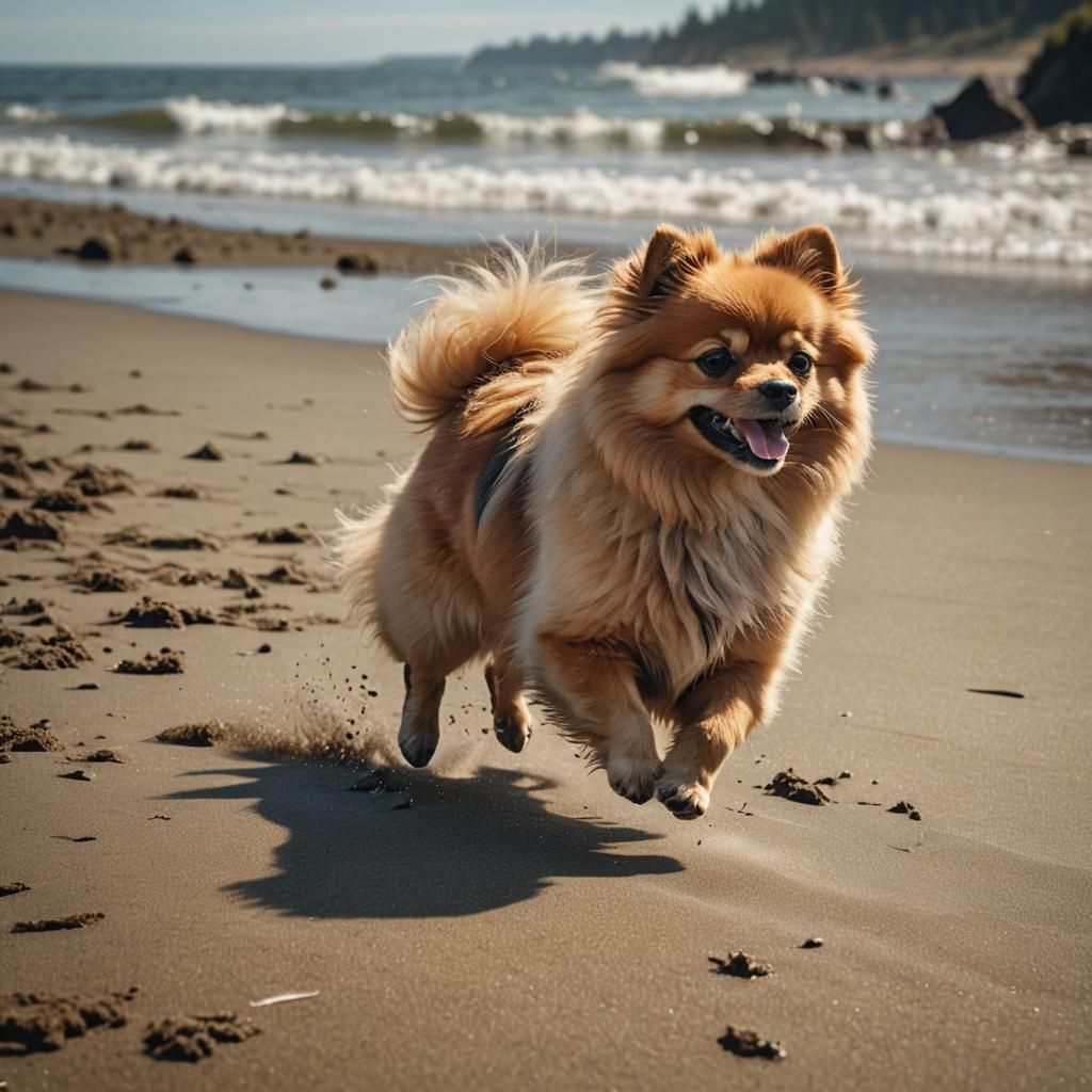 Pomeranian Runs on Sunny Pacific Northwest Beach
