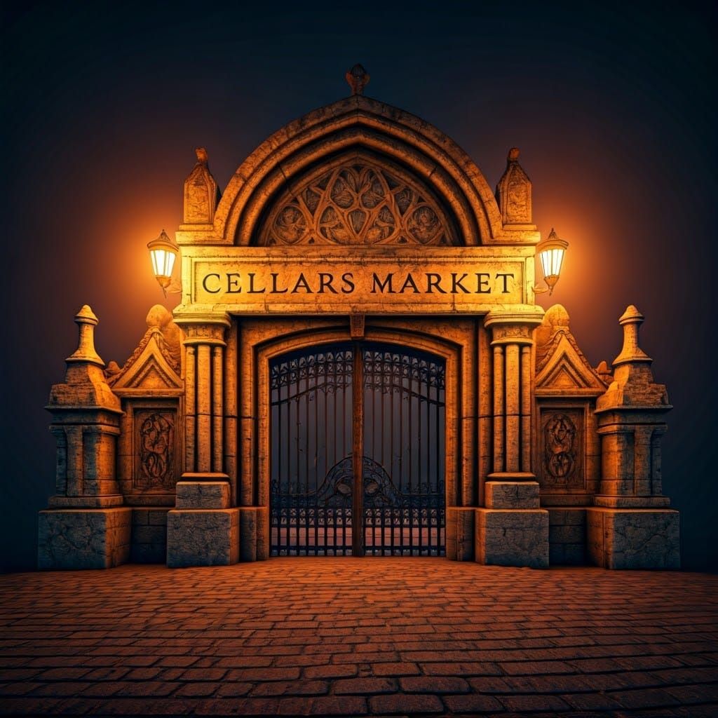 Mystical Marketplace Entrance with Gothic Carvings