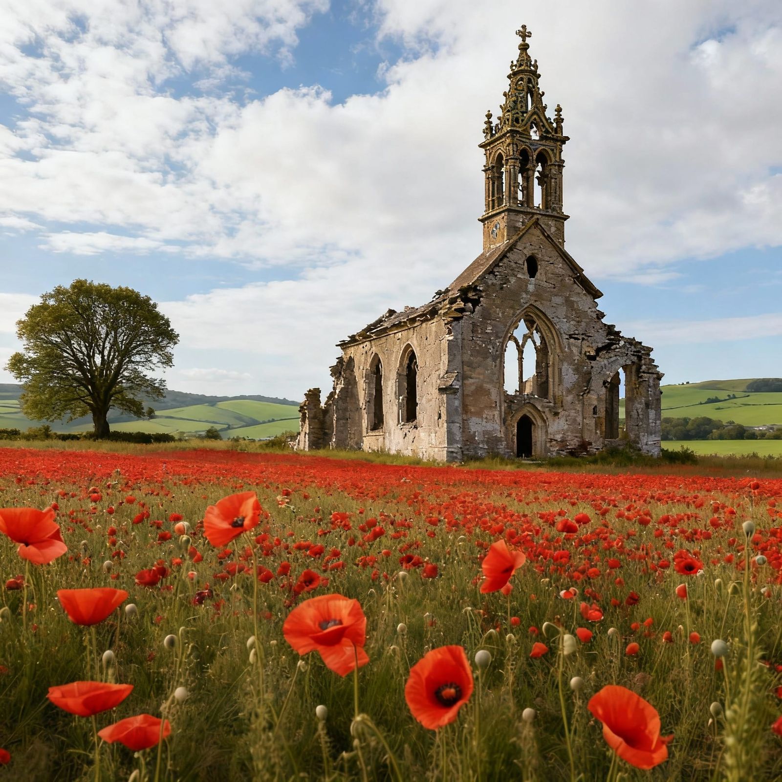 Ruined Church in a Serene Landscape