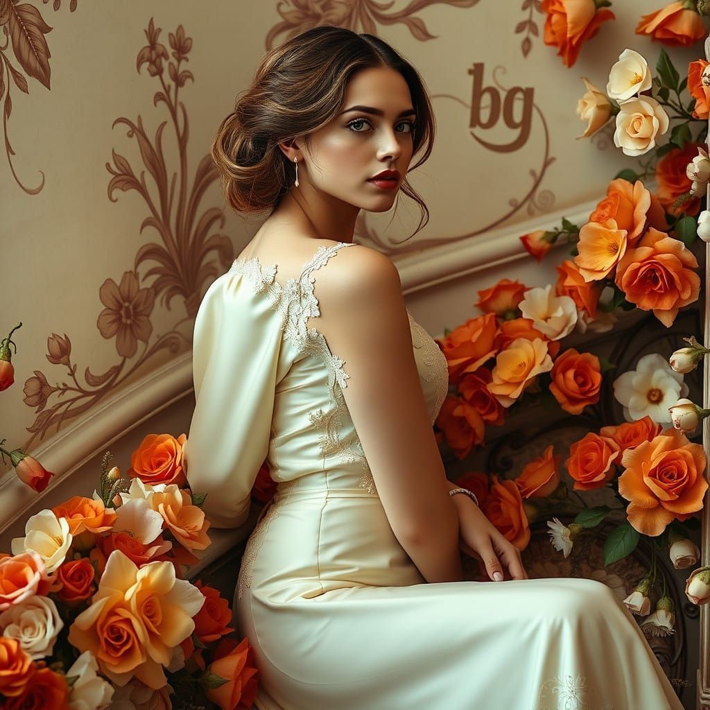 Porcelain Beauty Poses in Ornate Mansion with Vibrant Floral...