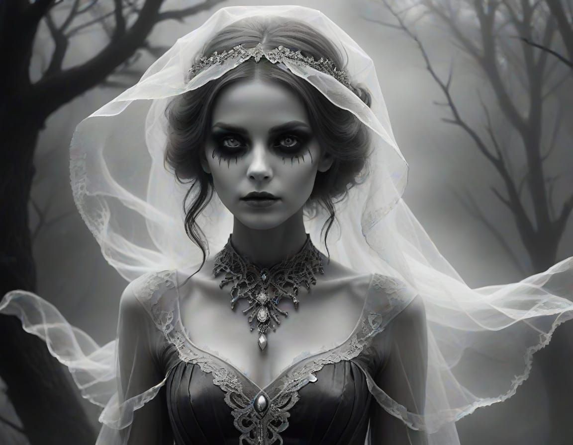 Grayscale Banshee Portrait in Foggy Moonscape