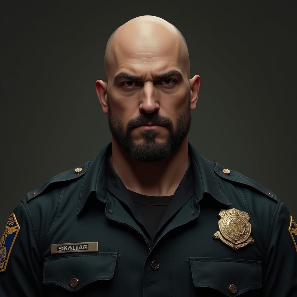 Intimidating Cop with Gentle Demeanor, in Gritty Realism